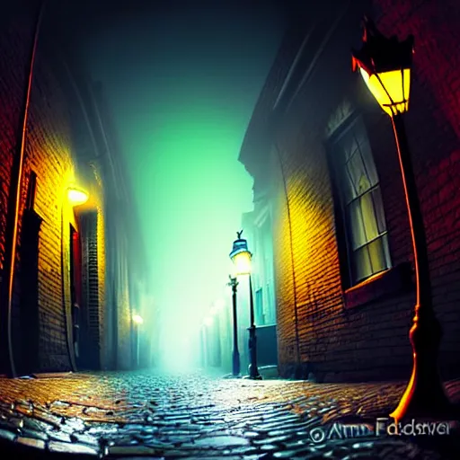 Image similar to curved perspective, extreme narrow, extreme fisheye, digital art of a night foggy street with victorian street lamps over cobblestone floor by anton fadeev from nightmare before christmas