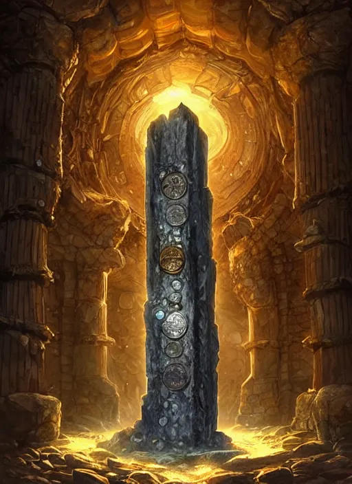 Prompt: a towering stone sentinel with a crystal core, in an ancient vault full of piled gold coins, stone pillars, fantasy digital painting, stunning intricate details, torch lighting, artwork by ross tran, artgerm