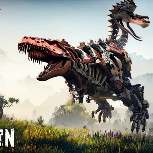 Image similar to gameplay of horizon zero dawn, si - fi robotic tyrannosaurus rex, highly detailed