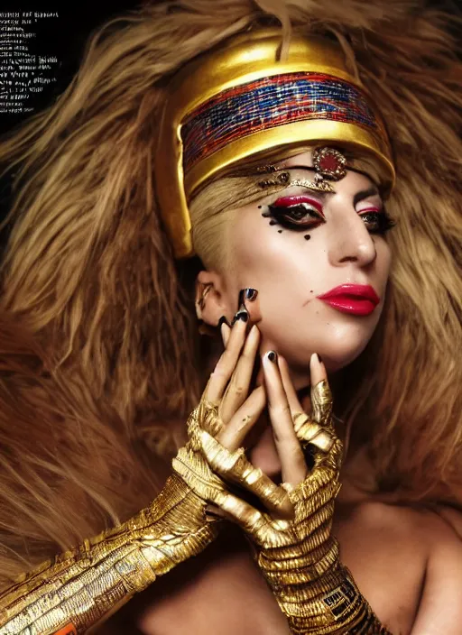 Prompt: lady gaga in an egyptian themed photoshoot, nick knight, annie leibovitz, posing, style, vogue magazine, highly realistic. high resolution. highly detailed. dramatic. 8 k. 4 k.