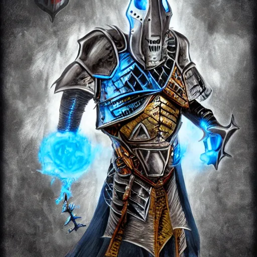 Prompt: armored knight wearing skull shaped helmet with blue flaming eyes, dungeons and dragons illustration