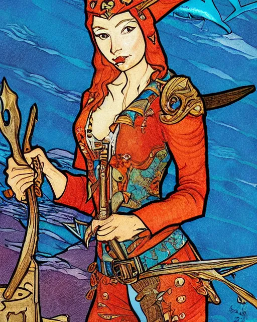 Image similar to a shark pirate queen with iridescent coloring and holding melee weapons by ivan bilibin