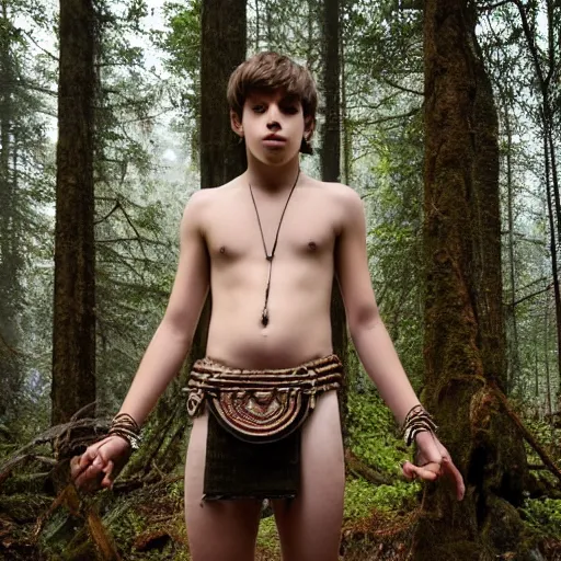 Image similar to a teenage boy, around 1 9 yo. iron necklace. natural brown hair. loincloth, pale skin. detailed face. ominous and eerie looking forest i'm background. natural colors.