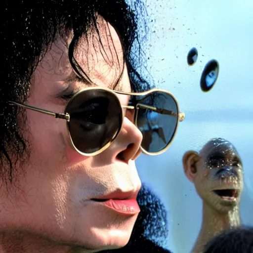 Image similar to michael jackson 2 0 0 9 wearing shades, this is it style, photo real, pores, motion blur, sitting with bubbles the chimp window open, real life, spotted, ultra realistic face, accurate, 4 k, movie still, uhd, sharp, detailed, cinematic, render, modern