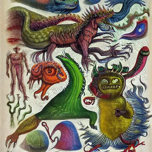 Prompt: futuristic bestiary of repressed emotion monsters and creatures starting a fiery revolution in the psyche, in the style of COdex Seraphinianus