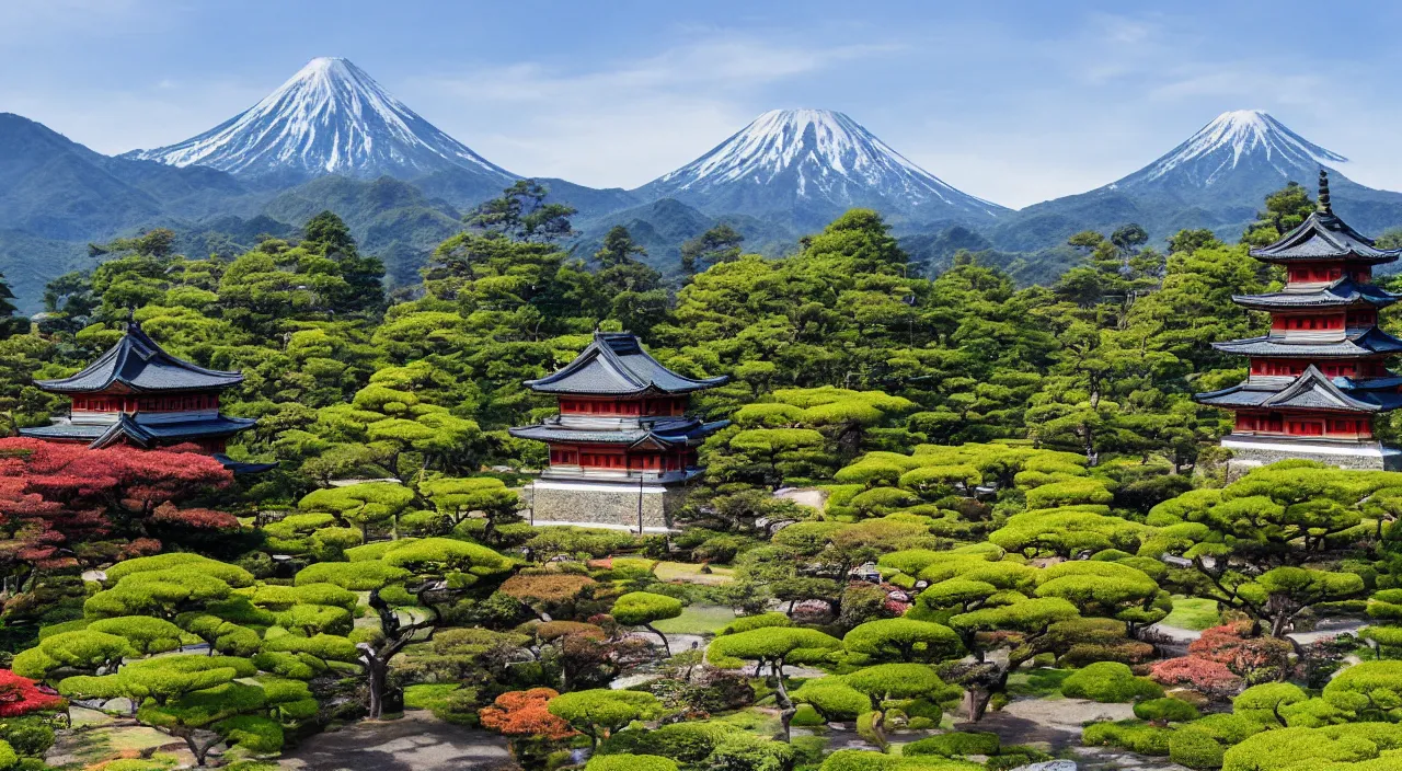 Prompt: a Japanese castle, with a garden as foreground, with mountains as background