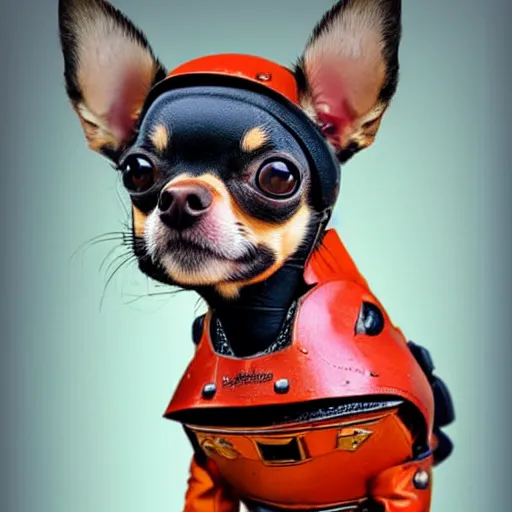 Image similar to a realistic photo of a chihuahua dressed like judge dredd