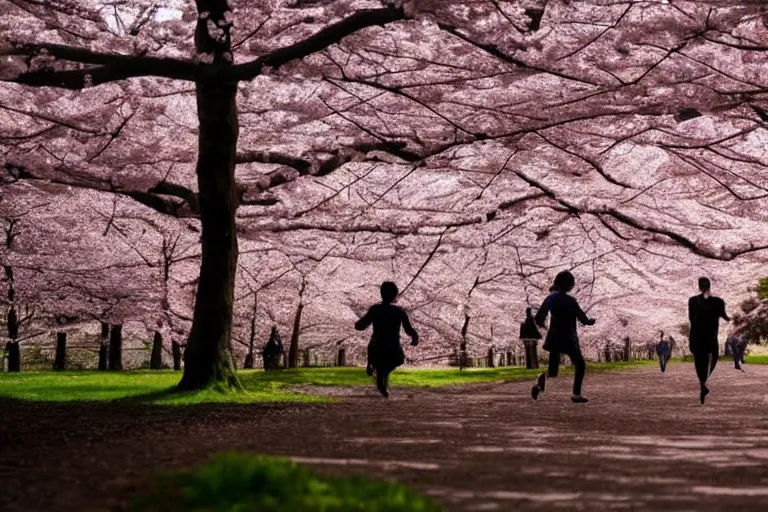 Image similar to vfx movie scene closeup japanese couple running through cherry blossom forest, natural lighting by emmanuel lubezki