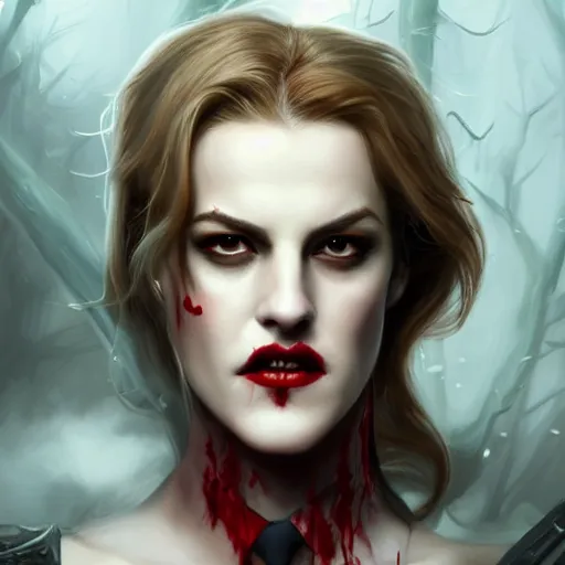 Image similar to portrait of riley keough in bloody business suit, blood red eyes, vampire fangs, fantasy, intricate, elegant, highly detailed, digital painting, artstation, concept art, matte, sharp focus, illustration, art by aenaluck and roberto ferri and greg rutkowski, epic fantasy, digital painting