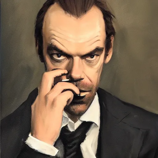 Prompt: Young Hugo Weaving wearing a suit, sitting in a chair, smoking a cigar, with a pile of sugar in his hand and a group of cats sitting in front of him. Realistic Painting, artstation, concept art, 4K