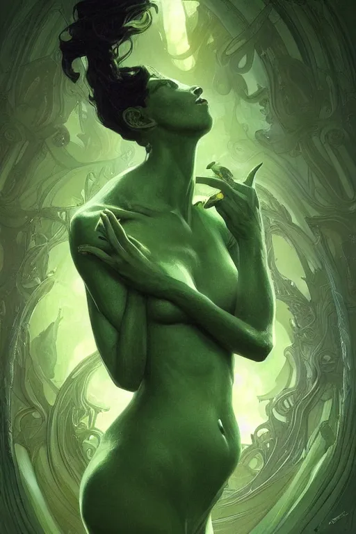 Prompt: beautiful green alien virgin, intricate, elegant, highly detailed, digital painting, artstation, concept art, smooth, sharp focus, illustration, art by artgerm and greg rutkowski and alphonse mucha