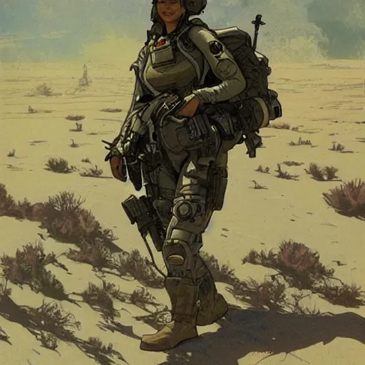 Prompt: Maria. USN special forces recon operator in near future gear, cybernetic enhancement, on patrol in the Australian neutral zone, Barren landscape. 2087. Concept art by James Gurney and Alphonso Mucha