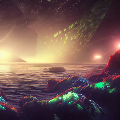 Prompt: Photograph of an underwater alien base, photorealistic, colorful, seaweed, moonlight, dark, smog,