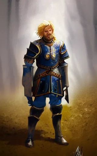 Image similar to a rugged young knight with blonde hair and blue eyes and a short beard wearing a blue shirt over chain mail and steel pauldrons and a yellow cape and leather boots concept art by Tony Sart and Greg Rutkowski, realistic, highly detailed, masterpiece, ArtStation