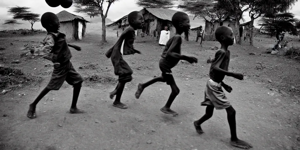 Image similar to kenyan village, black kids playing football, film photography, exposed b & w photography, christopher morris photography, bruce davidson photography, peter marlow photography