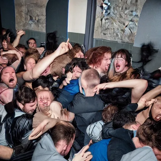 Prompt: moshpit in a public toilet