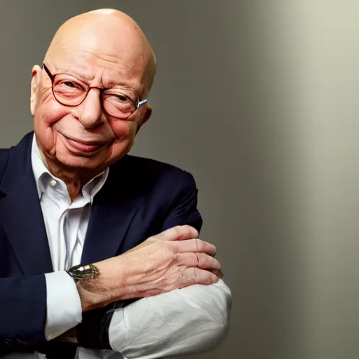 Image similar to uhd candid photo of klaus schwab with empty pockets and very sad frown, with accurate face, uhd, studio lighting, photorealistic, correct face, photo by annie leibovitz