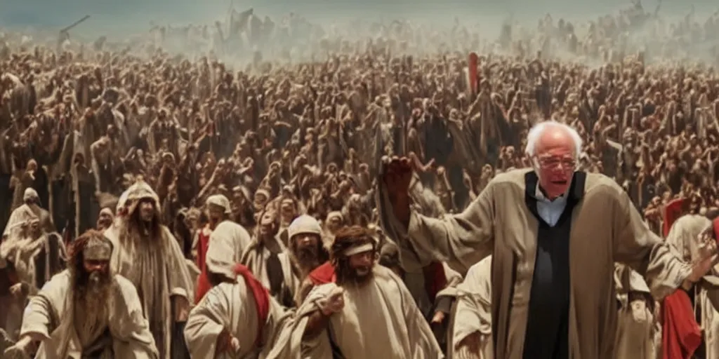 Prompt: Bernie Sanders as Moses, parting the Red Sea, in screenshot from the 10 Commandments movie