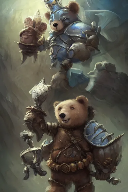 Image similar to cute little anthropomorphic bear knight wearing a cape and a crown, tiny, small, miniature bear, baby animal, short, pale blue armor, cute and adorable, pretty, beautiful, DnD character art portrait, matte fantasy painting, DeviantArt Artstation, by Jason Felix by Steve Argyle by Tyler Jacobson by Peter Mohrbacher, cinematic lighting