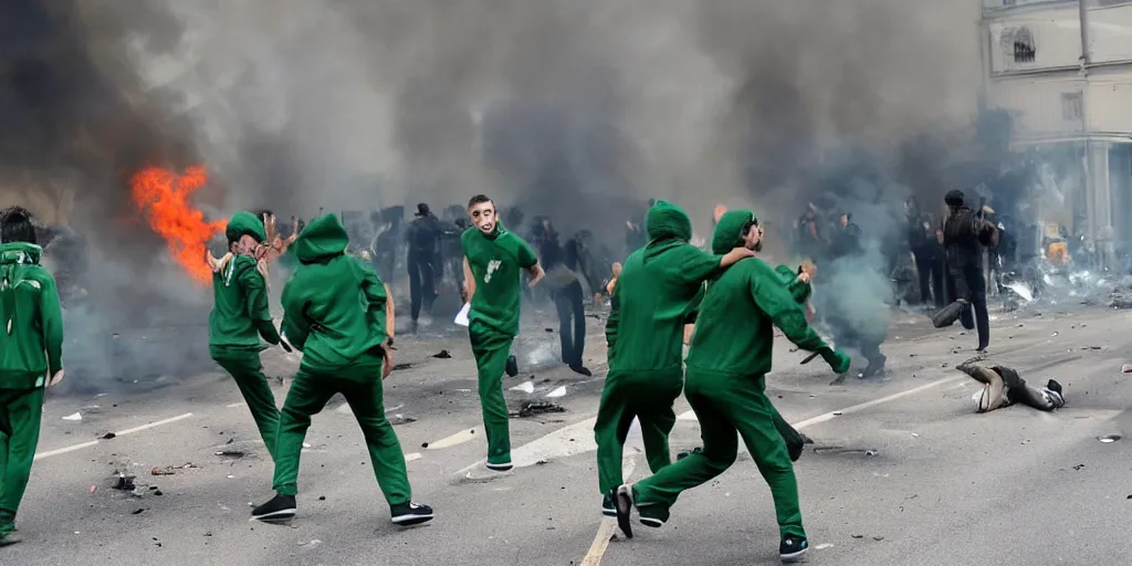 Prompt: photo of young men wearing green tracksuits fighting cops in a riot with burning cars, mid shot, editorial photography