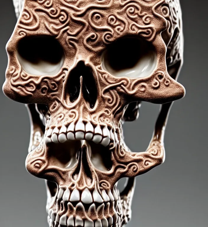 Prompt: Skull, A Close up photo-real delicate ceramic porcelain sculpture of a symmetrical ornate detailed in front of an intricate background by Victo Ngai and takato yamamoto, micro detail, backlit lighting, face in focus, subsurface scattering, translucent, thin porcelain, octane renderer, colorful, physically based rendering, japanese pottery, trending on cgsociety