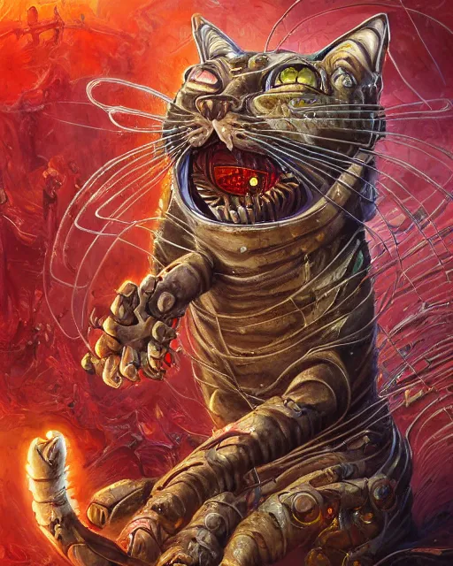 Image similar to bloody fleshmetal cyborg garfield cat, by antonio j. manzanedo, giger, alex grey, android jones, wayne barlowe, philippe druillet, raymond swanland, cyril rolando, josephine wall, harumi hironaka, trending on artstation