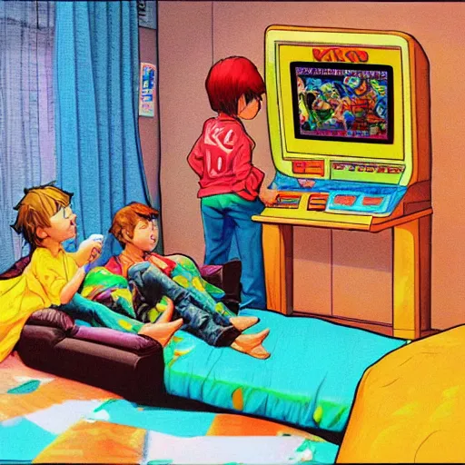 Prompt: kids playing nintendo, 90s bedroom, happy, colorful Epic portrait by james gurney and mœbius,
