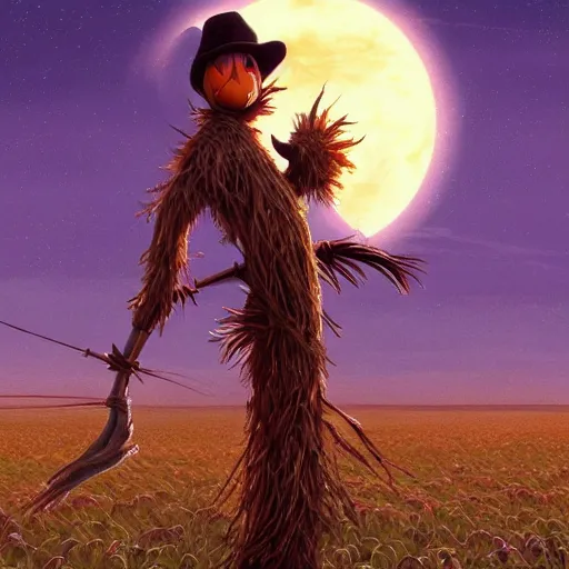 Prompt: beautiful and detailed 4 k digital painting of a huge scarecrow, concept art, sharp focus, masterpiece, trending on artstation, scarecrow by greg hildebrandt and studio ghibli - - w 7 0 4