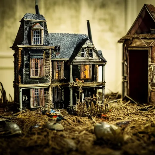 Image similar to 90mm f/2.8 macro photo of a haunted house diorama by tim burton