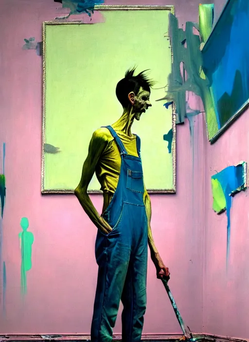 Prompt: an insane, skinny, artist wearing overalls, expressive, painting the walls inside a grand messy studio, hauntingly surreal, highly detailed painting by francis bacon, edward hopper, adrian ghenie, gerhard richter, and james jean, soft light 4 k in pink, green and blue colour palette, cinematic composition,