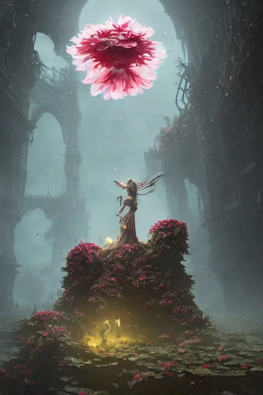 Image similar to a fancy portrait of a giant floating flower by Greg Rutkowski, Sung Choi, Mitchell Mohrhauser, Maciej Kuciara, Johnson Ting, Maxim Verehin, Peter Konig, Bloodborne , 8k photorealistic, cinematic lighting, HD, high details, atmospheric , trending on artstation