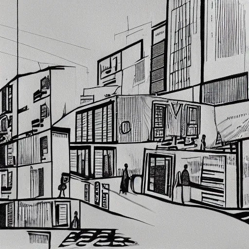 Prompt: drawing of a street in tel aviv with bauhaus buildings in a junction. art