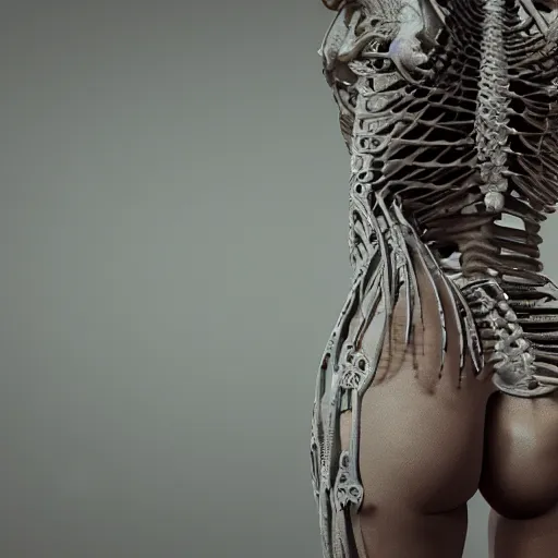 Image similar to beautiful scene of a detailed and intricate design of the back of full woman body wrapped in bones, real, studio shot, dynamic lighting, great finesse organic hyper detailed, engineering blueprints, technical drawings, calculus, stained paper, hyperrealistic, ultra detailed, 4K, octane render, unreal engine