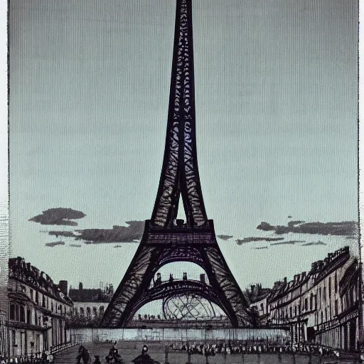 Image similar to synthwave version of 1 9 th century paris, eiffel tower on the background, people wearing glowing victorian clothes