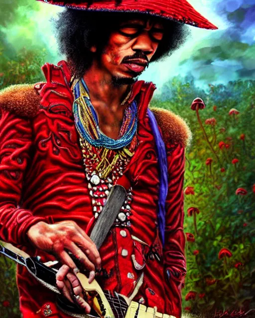 Image similar to highly detailed closeup, of jimi hendrix, dressed in a red mushroom hat and clothes, full face view, on a battlefield, hyper realistic, psychedelic, illustration, digital paint, matte paint, vivid colors, detailed and intricate environment