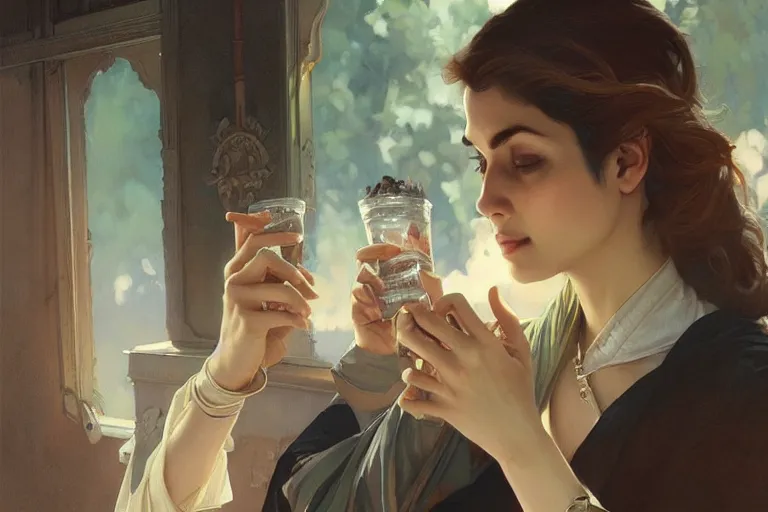 Image similar to Anxious good looking pale young Indian doctors drinking, portrait, elegant, intricate, digital painting, artstation, concept art, smooth, sharp focus, illustration, art by artgerm and greg rutkowski and alphonse mucha