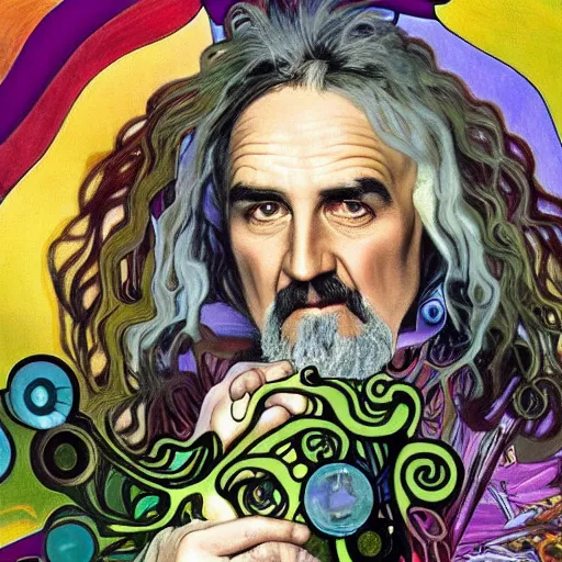 Image similar to billy connolly painted by salvadore dali in the style of the four seasons by alphonse mucha. cyberpunk dystopian portrait. high quality digital art render. 4 k