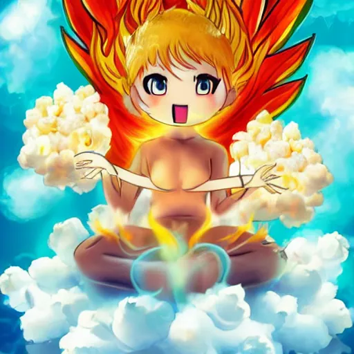 Image similar to fluffy popcorn elemental spirit anime character with a smiling face and flames for hair, sitting on a lotus flower, clean composition, symmetrical