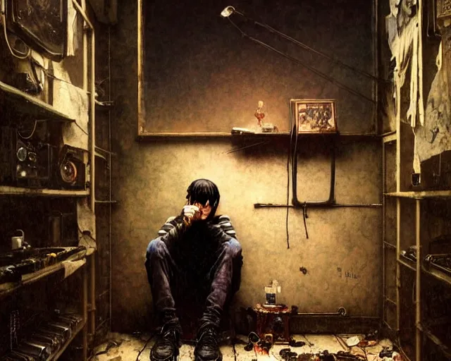 Prompt: a epic norman rockwell painting portrait of emo listening to music in a dark liminal space room, gritty tech, deep focus, fantasy, intricate, elegant, highly detailed, digital painting, artstation, concept art, matte, sharp focus, illustration, dark fantasy style art, resident evil, art by artgerm and greg rutkowski and alphonse mucha