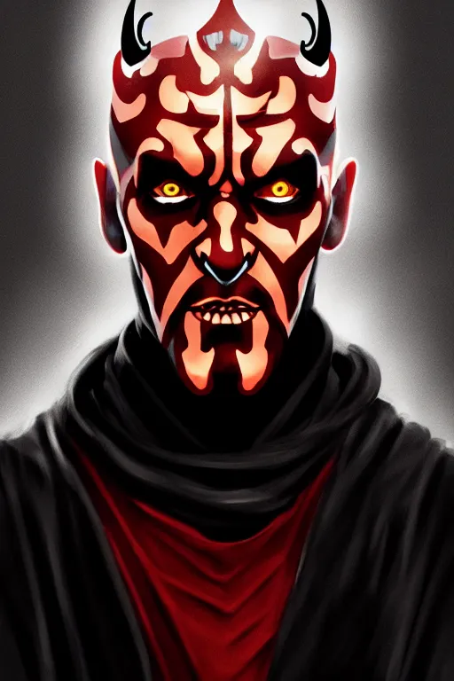 Prompt: a portrait of the darth maul, cyberpunk, grim - lighting, high - contrast, intricate, elegant, highly detailed, digital painting, artstation, concept art, smooth, sharp focus, illustration