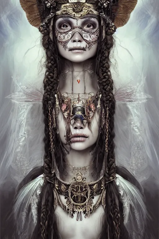 Image similar to A masterpiece ultrarealistic portrait of a Irristible angel princess tribal-shaman-knight-witch-ghost with Skull Iron mask. baroque renaissance girl in the night forest. medium shot, intricate, elegant, highly detailed. trending on artstation, digital art, by Stanley Artgerm Lau, WLOP, Rossdraws, James Jean, Andrei Riabovitchev, Marc Simonetti, Yoshitaka Amano. background by James Jean and Gustav Klimt, light by Julie Bell, 4k, porcelain skin.