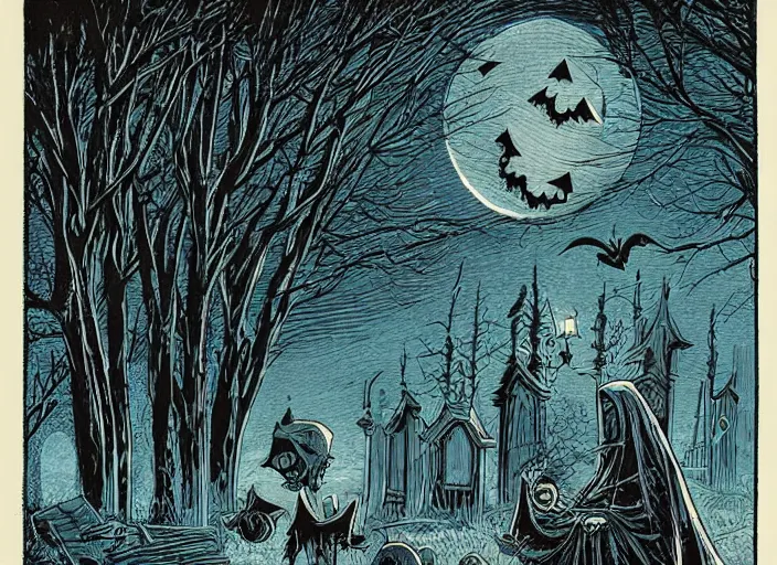 Image similar to blue woodcut print, cartoon halloween ghost in graveyard at midnight by greg rutkowski, fine details, highly detailed