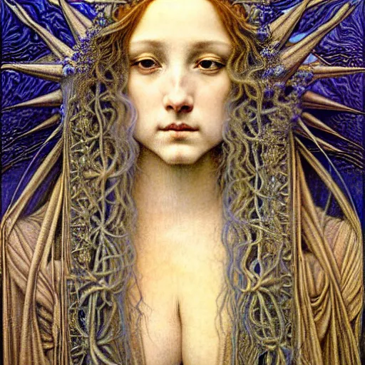 Prompt: detailed realistic beautiful young medieval queen face portrait by jean delville, gustave dore and marco mazzoni, art nouveau, symbolist, visionary, gothic, pre - raphaelite, art forms of nature by ernst haeckel, horizontal symmetry