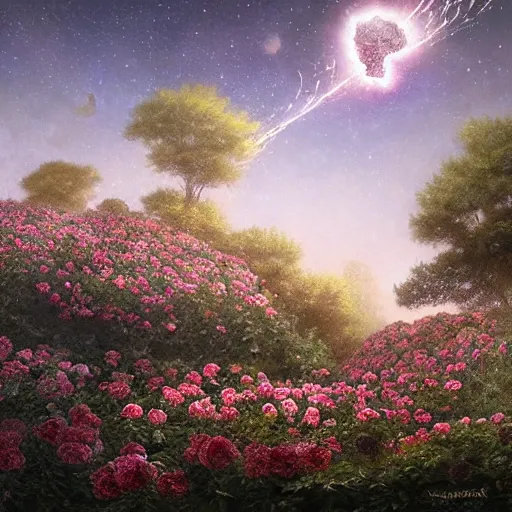 Prompt: meteorite made out of roses flying over the sky, roses trail, greg rutkowski, sharp focus