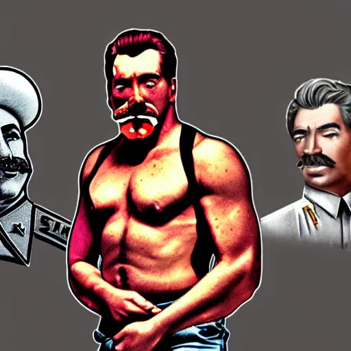 Image similar to lgbt art, tom of finland style, stalin, lenin, in billy herrington body, big, daddy, art in 4 k, high quality