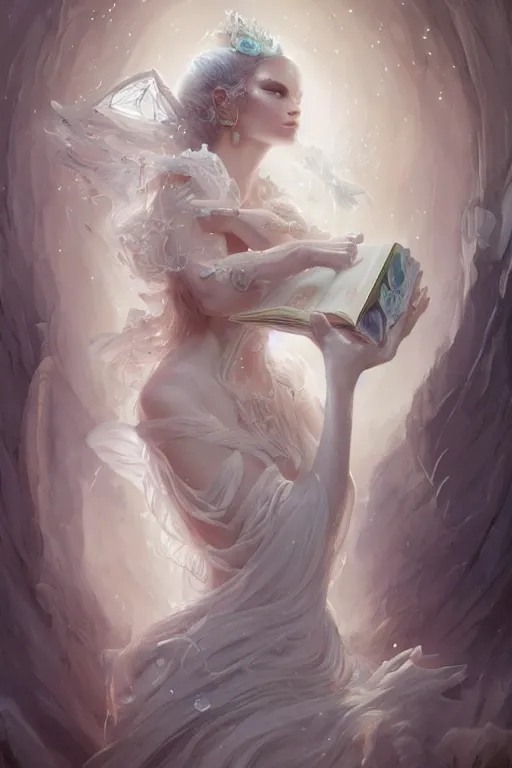 Prompt: beautiful ghost model wearing crystal white dress, holding book, rest face expression, diamonds, angel, fantasy, dramatic lighting, highly detailed, digital painting, magic the gathering, hyper detailed, 3 d render, hyper realistic detailed portrait, peter mohrbacher, wlop, ruan jia