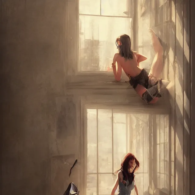 Image similar to window, woman, buildings, surprise, scared, couch by wlop, artgerm, greg rutkowski, evocative, highly detailed