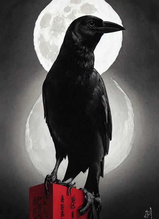 Image similar to portrait, A crow in front of the full big moon, book cover, red white and black colors, establishing shot, extremly high detail, foto realistic, cinematic lighting, pen and ink, intricate line drawings, by Yoshitaka Amano, Ruan Jia, Kentaro Miura, Artgerm, post processed, concept art, artstation, matte painting, style by eddie mendoza, raphael lacoste, alex ross