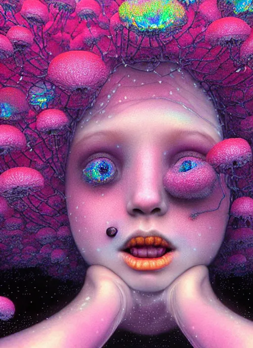 Image similar to hyper detailed 3d render like a Oil painting - kawaii portrait Aurora (black haired Fae) seen Eating of the Strangling network of yellowcake aerochrome and milky Fruit and Her delicate Hands hold of gossamer polyp blossoms bring iridescent fungal flowers whose spores black the foolish stars by Jacek Yerka, Mariusz Lewandowski, Houdini algorithmic generative render, Abstract brush strokes, Masterpiece, Edward Hopper and James Gilleard, Zdzislaw Beksinski, Mark Ryden, Wolfgang Lettl, hints of Yayoi Kasuma, octane render, 8k