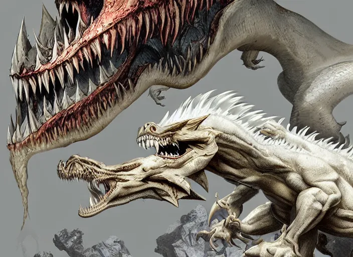 Image similar to a white dragon fighting a tyrannosaurus rex, intricately detailed, concept art